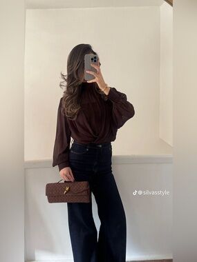 Zara Brandnew S- Chocolate Brown Draped Long-Sleeve High-Neck Blouse